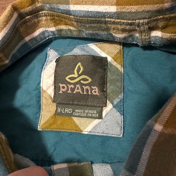PrAna Casual Button Down Mens Green XL Blue Plaid Rugged Flannel Shirt - Picture 2 of 5